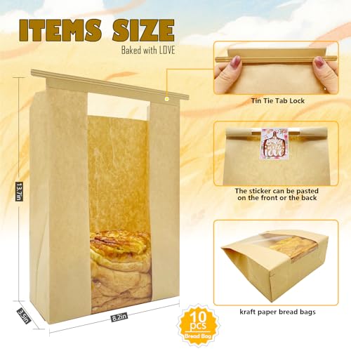 Kraft Paper Bread Bags with Window & Twist Tie - 10 Pack