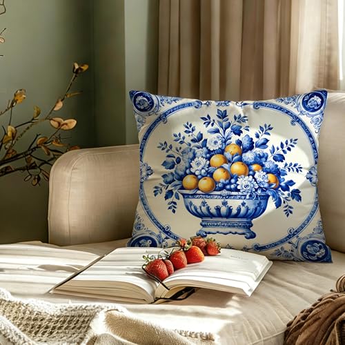 Coastal Blue and White Lemon Pillow Cover 18x18 - Double-Sided Flannelette