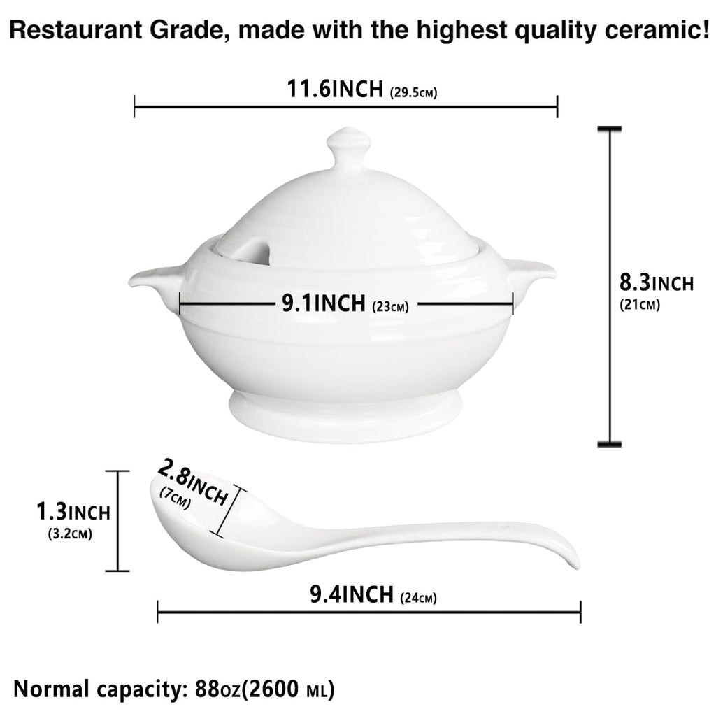Creativity Home Casserole Dish with Serving Handles, 2.7 Qt soup Tureen With Lid and a 9.4-inch Spoon, for Dinner and Party Microwave Safe 11.6 Inch