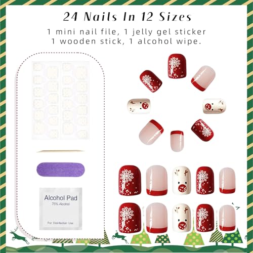 Christmas Press On Nails Short Square Red French Tip False Nails Kit