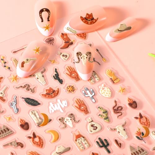 Retro Cowboy 5D Embossed Nail Art Stickers Western Decals