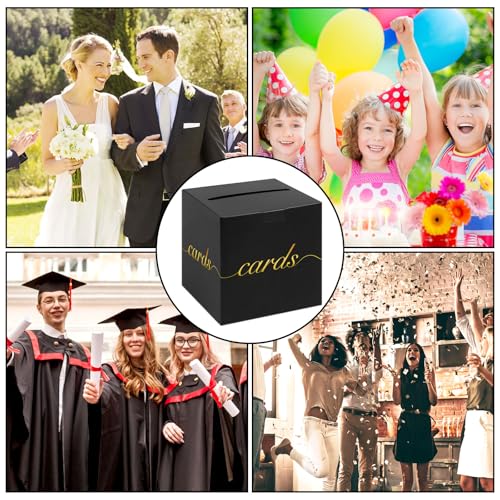 Black Wedding Card Box Holder - 7.9 Inch Gold Foil Party Card Box for Reception, Birthday and Baby Shower
