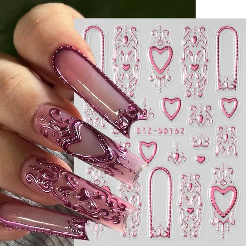 5D Embossed Heart Nail Stickers Gold Pink Valentine Decals 4 Sheets