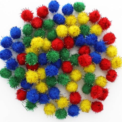 Christmas Tinsel Pom Poms 1/2 Inch, 80 Pack for Crafts & Decorations