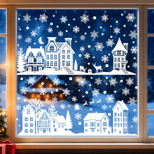 Christmas Village Window Clings Set - Extra Large Snowflake & Elk Design, 2 Sheets, White Theme