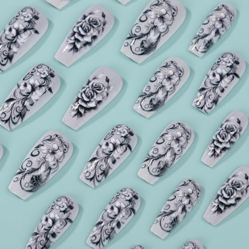 Grey Rose Press on Nails Long Coffin Floral Acrylic Fake Nails Set
