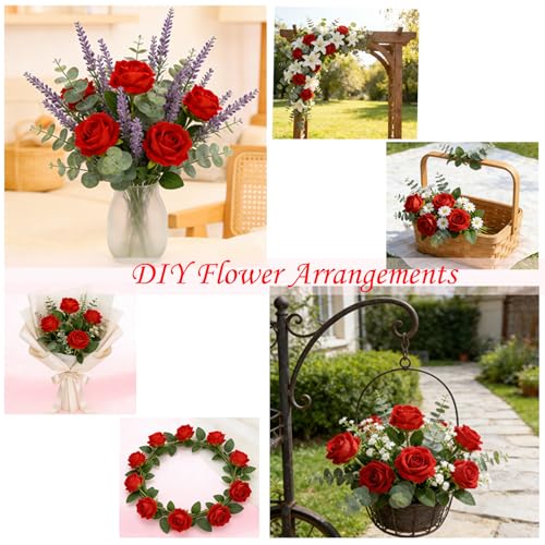 MERIXMAS Red Artificial Velvet Roses, 12-Piece Set with Adjustable Stems