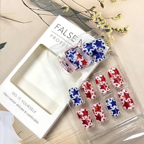 4th of July Press on Nails Medium Square Red Blue Stars Glitter Acrylic False Nails