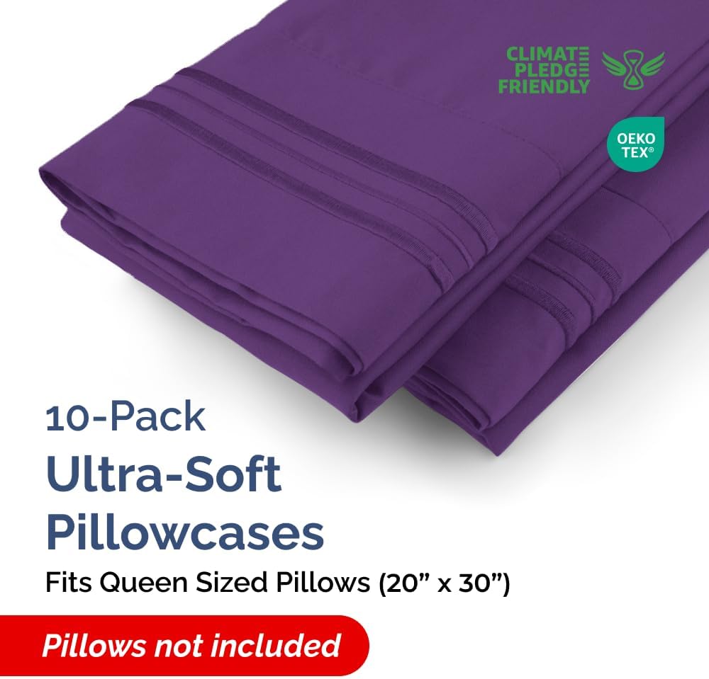 Ultra Soft Pillow Cases Set of 10 | Hotel Quality Comfy Covers - Wrinkle Free & Fade Resistant - Easy Care - Purple