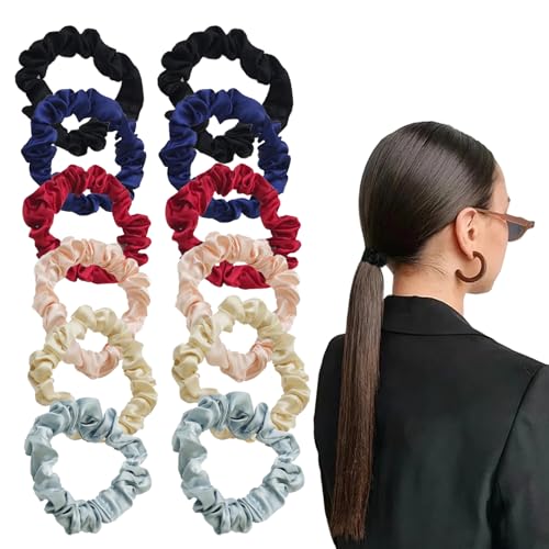 Zilotusnte 12-Pack Black Satin Silk Hair Scrunchies - Soft Anti-Frizz Spiral Hair Ties for Women