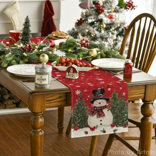 Snowman Christmas Table Runner 13x36 Inch - Holiday Home Decor, Red Variation