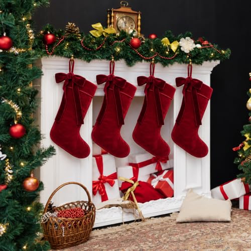 Christmas Velvet Stockings Set - 18 Inch Burgundy Red Holiday Decorations