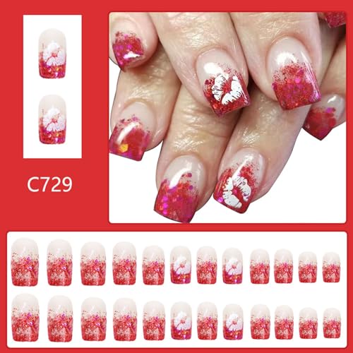 Vopintpy Romantic Glitter Lips Press on Nails Medium Square Fake Nails