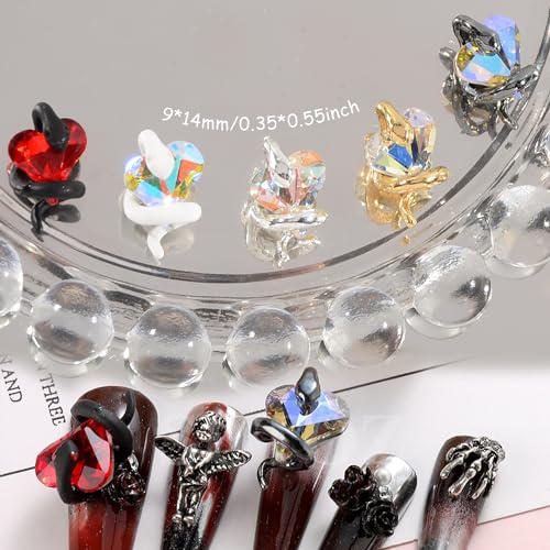 MEILINDS Gold Snake Nail Charms with Iridescent Heart Rhinestones 10PCS 3D Alloy Nail Gems for Acrylic Nails DIY Nail Art Decorations
