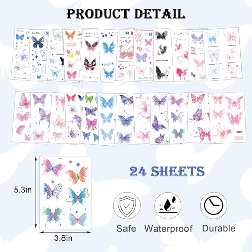 Butterfly Temporary Tattoos - 24 Sheets Watercolor Fake Tattoos