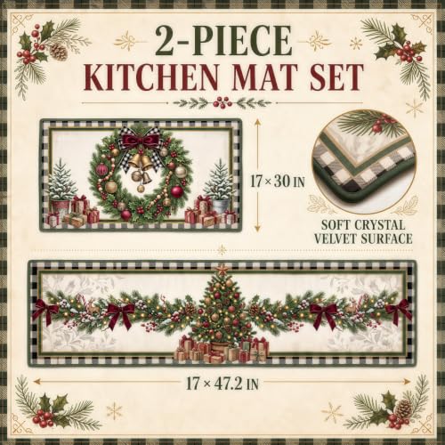 Christmas Kitchen Mat Set of 2 Non Slip Wreath & Tree Rugs - Wreath Christmas Tree Variation