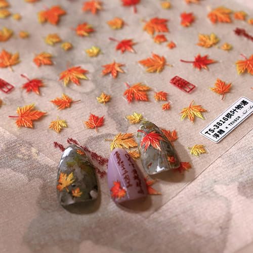 Dulyork 5D Embossed Autumn Maple Leaves Nail Stickers Fall Decals