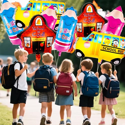 8 PCS Back to School Balloons Set - School Bus & Pencil Foil Decorations