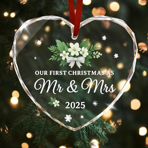 Personalized First Christmas Married Ornament 2025 - Custom Glass Gift