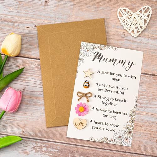 RUSATEN Handmade Mothers Day Card with Wooden Heart and Twine