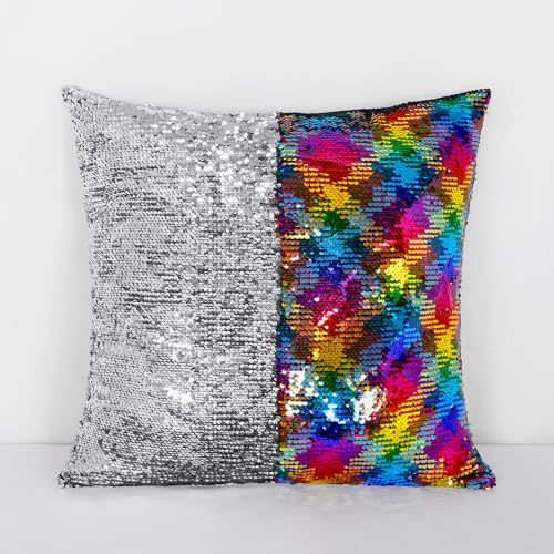 Rainbow to Silver Reversible Sequin Pillow Cover 16x16 Inch