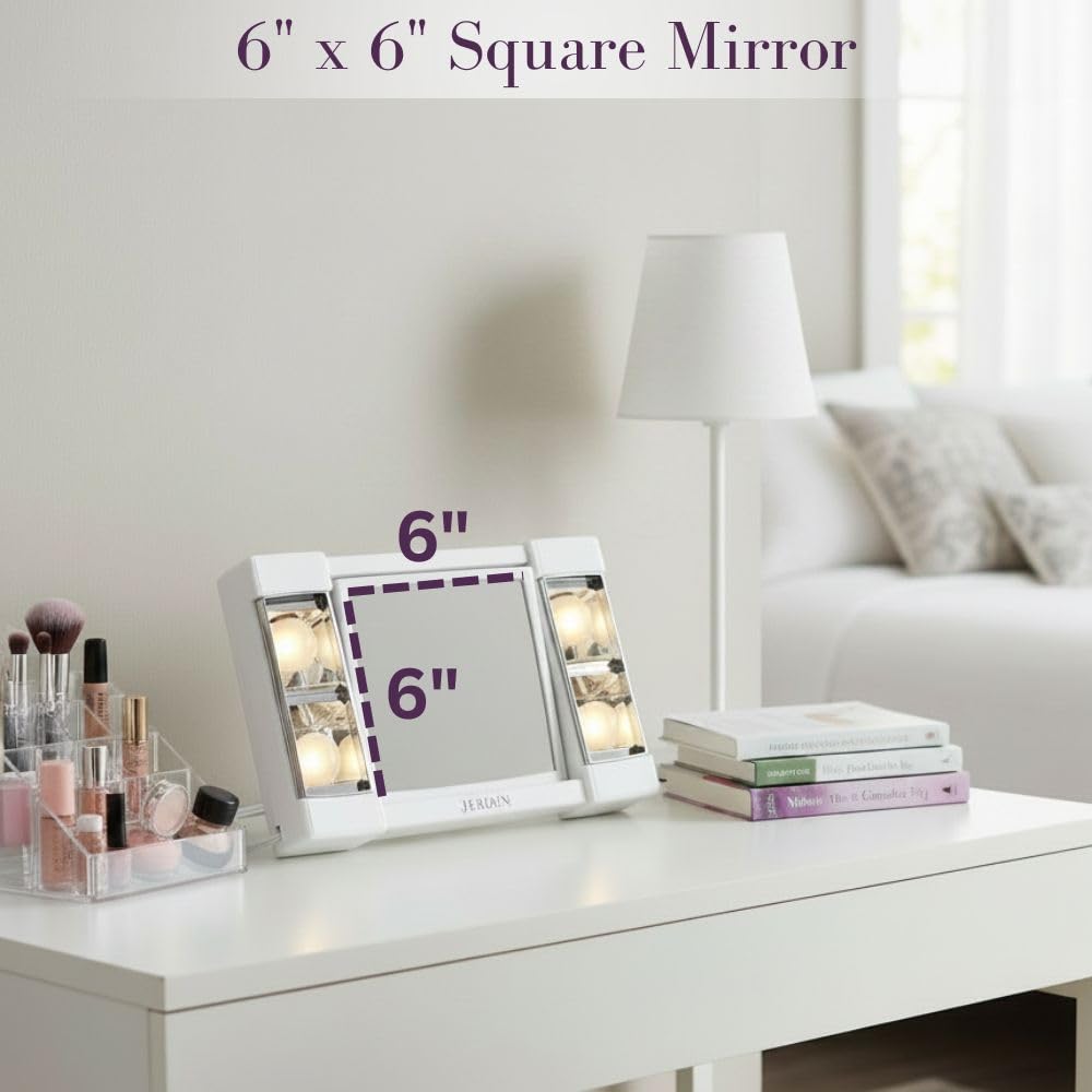 JERDON Two-Sided Makeup Mirror with Lights - Vanity Mirror with 3X Magnification & Glare-Free Lighting - White Base - Model J1010