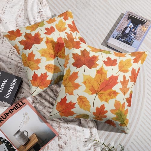 Fall Maple Leaf Pillow Covers 18x18 Set of 2 - Burnt Orange Cotton Linen