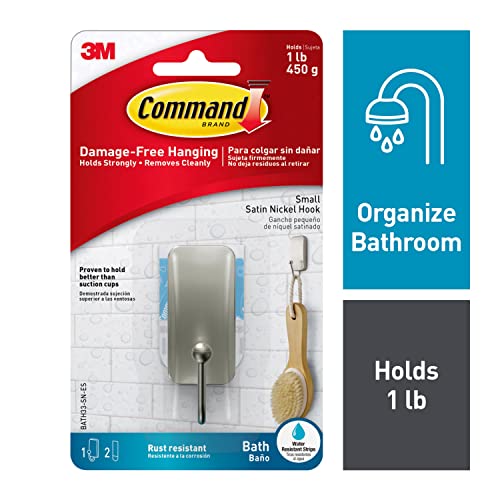 Command Satin Nickel Bath Hooks, 4 Pack - Damage-Free Organization