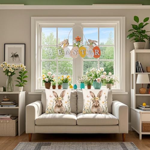 Yellow Easter Pillow Covers Set of 2 18x18 Inches Bunny Spring Decor for Couch & Bed