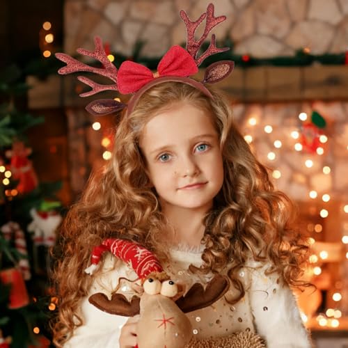 Ecuupas Brown Glitter Antlers Christmas Headband with Red Bow