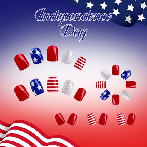 4th of July Press on Nails Short Square Silver Glitter Fake Nails