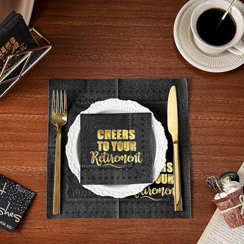 25-Count Retirement Cocktail Napkins - 3-Ply Black Gold Foil