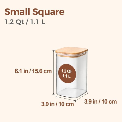 ComSaf Glass Storage Containers - 1.2 QT Square Jars with Lids for Pantry Organization - Set of 2