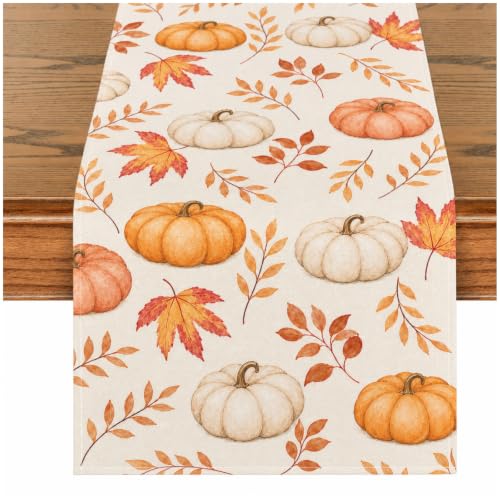 Thanksgiving Table Runner - Orange Pumpkins & Maple Leaves, 13x72"