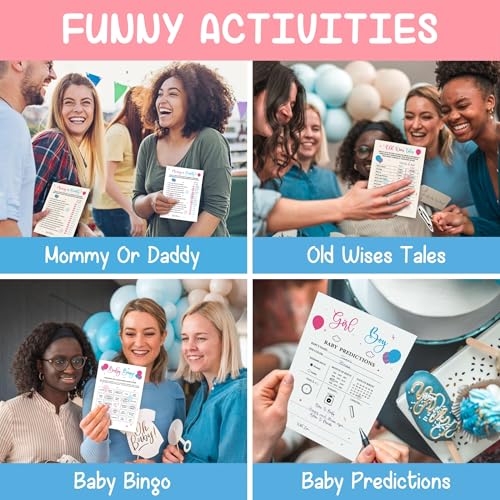 Baby Gender Reveal Games Set - 50 Double-Sided Cards, 4 Fun Activities