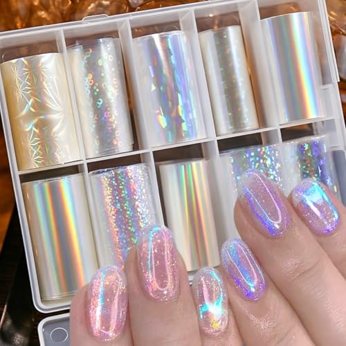 Aurora Nail Foil Transfer Stickers Set - 10 Rolls Holographic Laser Star & Water Ripple Manicure Decals