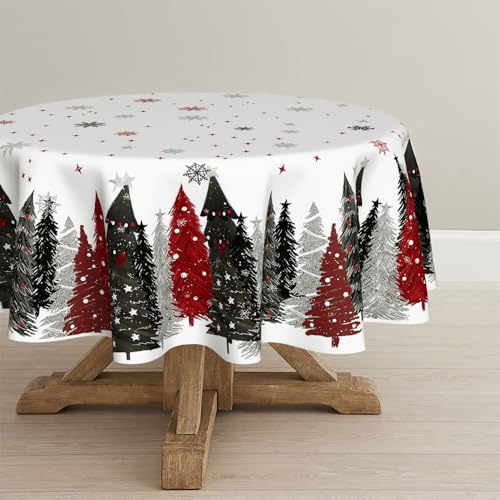 Horaldaily Christmas Tablecloth 90x90 Inch Round with Christmas Trees in Red & Black - Holiday Decor