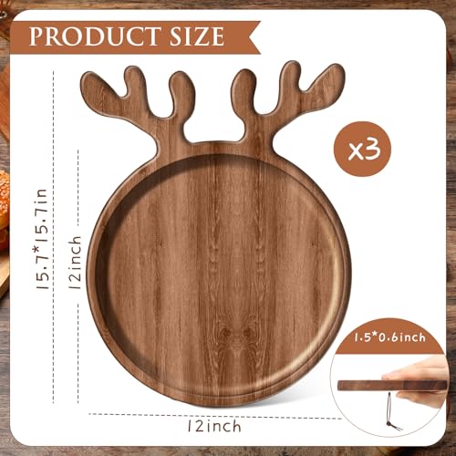 3 Pcs 12-Inch Acacia Wood Christmas Charcuterie Board with Deer Antler Handles - Rustic Serving Platters