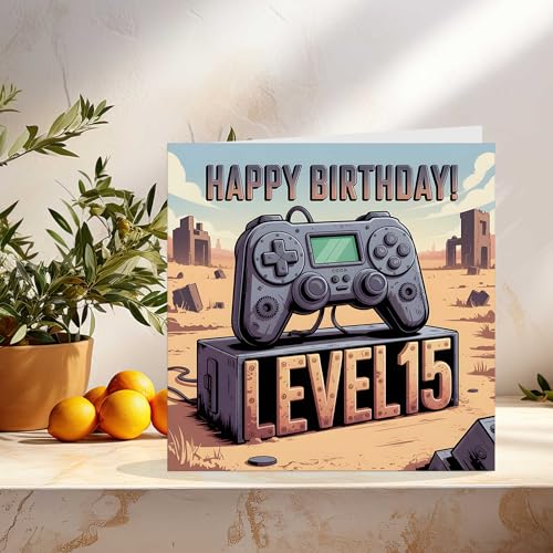 Level 15 Gamer Birthday Card – Funny 15th Birthday Video Game Controller Design with Kraft Envelope