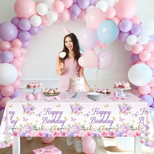 Avezano 3-Pack Purple Floral Birthday Tablecloths - 108x54 in