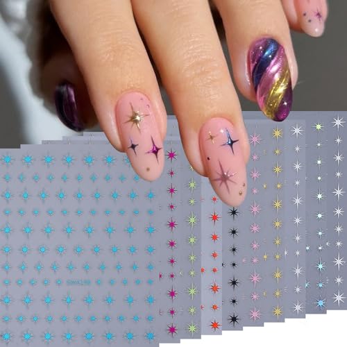 Metallic Star Nail Stickers 10 Sheets Self-Adhesive Holographic Y2K Nail Decals