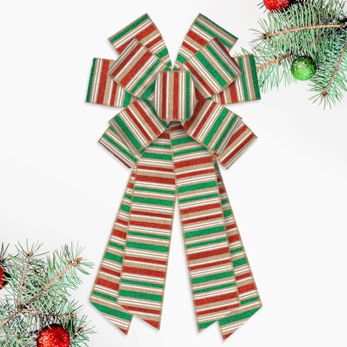 Large Christmas Stripe Burlap Wreath Bow - 11.42 x 20.86 Inches