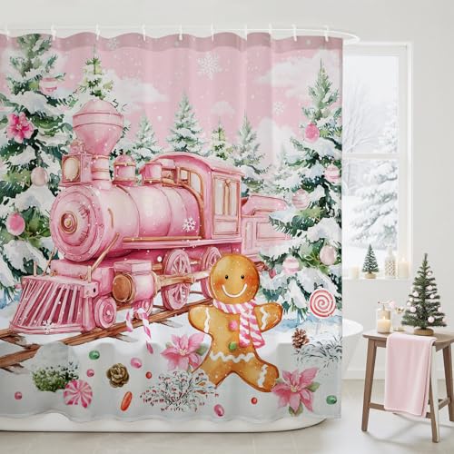 Christmas Shower Curtain - Gingerbread Train Design, 71x71in