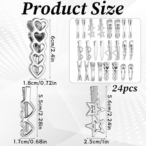 Josojoou 24-Piece Silver Y2K Metal Hair Clips Set for Women