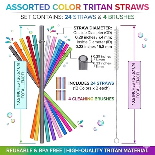 ALINK 10.5 Inch Reusable Straws - 24 Pack Tritan Straws with Brushes