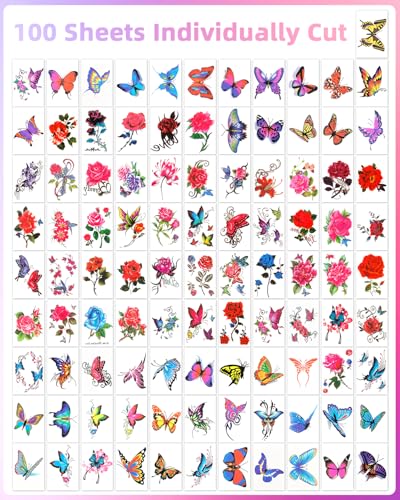 Watercolor Flower and Butterfly Temporary Tattoos - 100 Pack Waterproof Fake Tattoo Stickers for Women and Girls