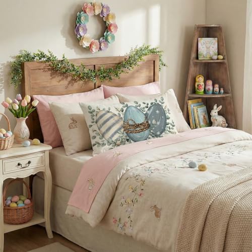 Easter Throw Pillow Cover 12x20 - Blue Eggs Eucalyptus Farmhouse Decor