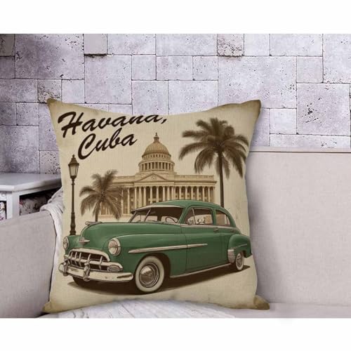 Havana Cuba Throw Pillow Cover - Vintage Car 18x18 Inch Cushion