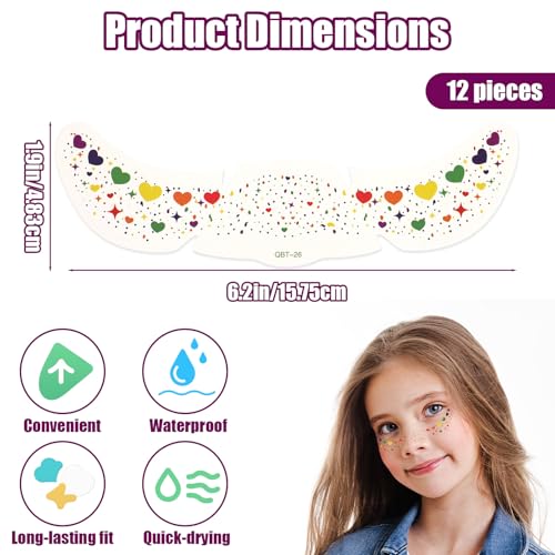 Rainbow Freckles Temporary Face Tattoos 12 Sheets Waterproof Gems