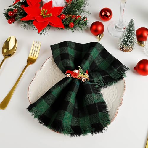 Christmas Car and Tree Napkin Rings Set of 6 - Red Truck & Gnomes Holiday Decor